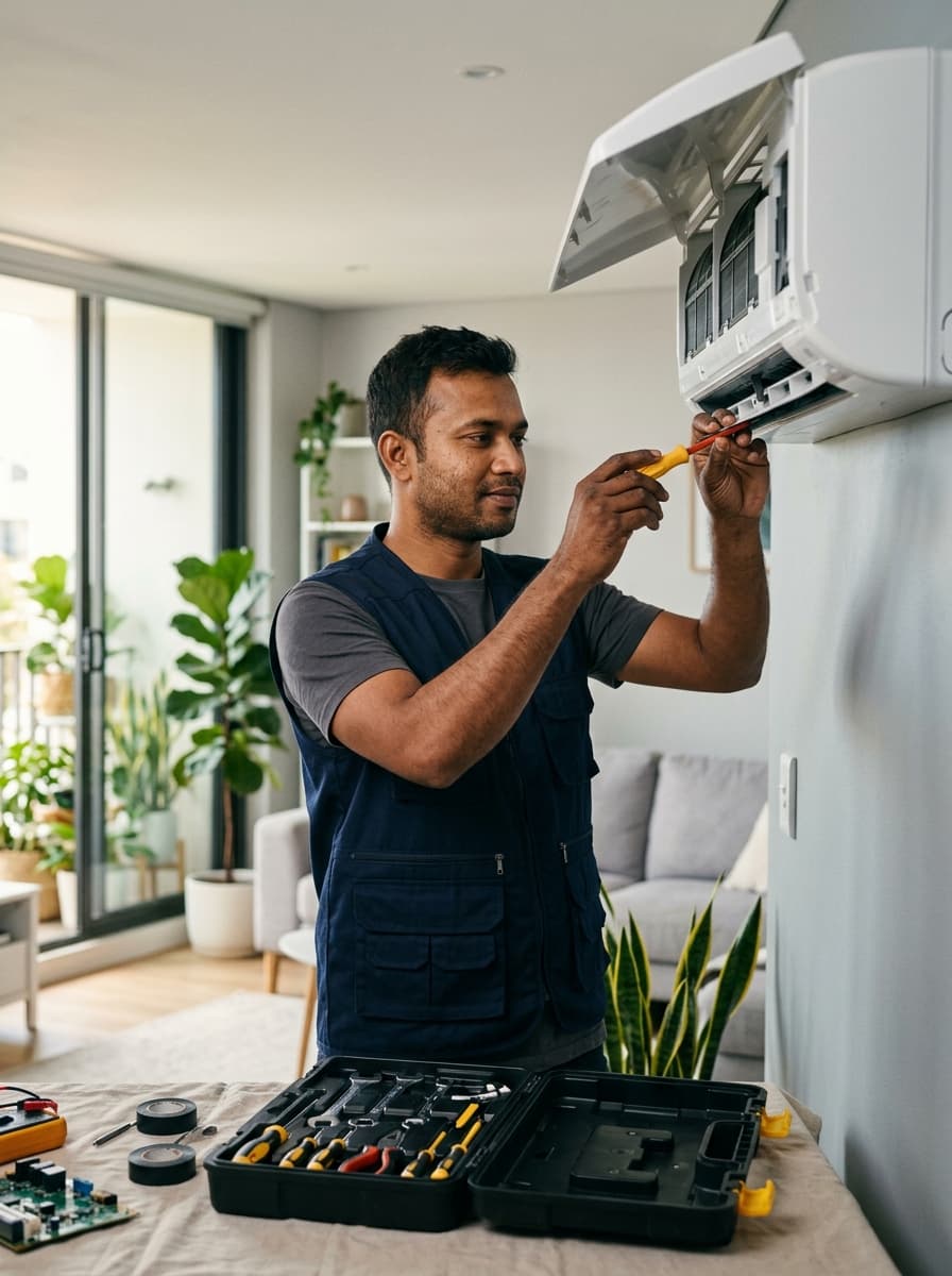 Verified kaajLagbe technician actively servicing an AC unit with professional tools in a modern Dhaka home